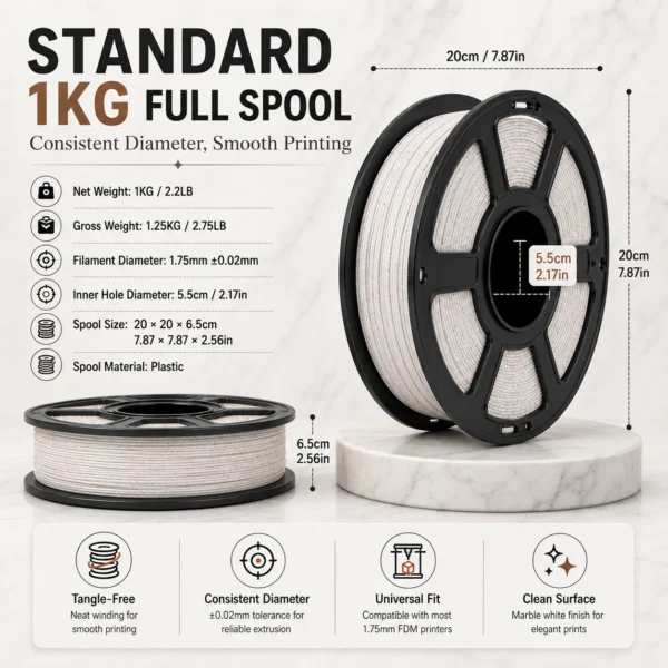 8fc82972-62b3-487a-83ab-d02667c13cfb HELOLAND Marble White PLA Plus Filament 1.75mm 1KG, Stone Speckled 3D Printer Filament with Smooth Extrusion, Low Warping and Clean Layer Finish for Sculptures, Vases, Home Decor, Models, Crafts and FDM Printers