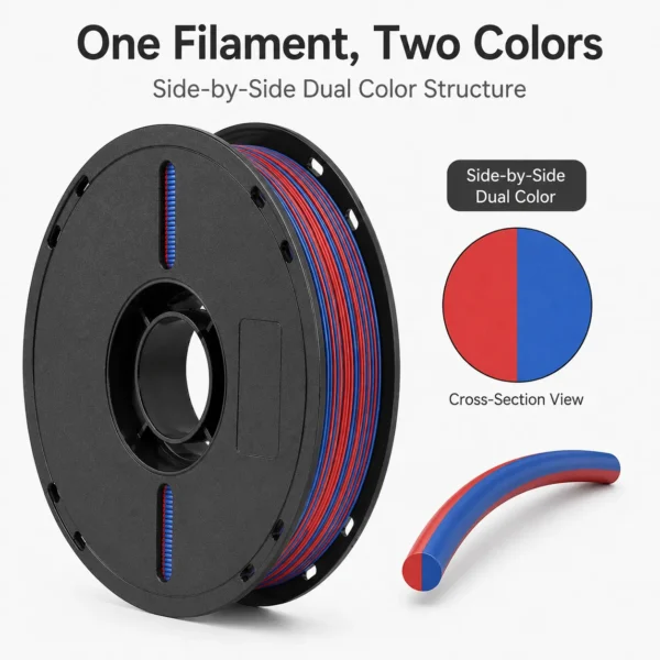 ChatGPT Image 2026年5月11日 18_47_17 (2) Red Blue Dual Color PLA+ 2.0 Filament | 1.75mm Diameter,1KG Net Weight Print 2 in 1 Spool,No More Spool Swaps Perfect for FDM 3D Printers