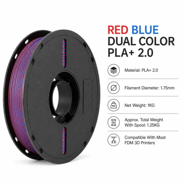 ChatGPT Image 2026年5月11日 18_47_18 (4) Red Blue Dual Color PLA+ 2.0 Filament | 1.75mm Diameter,1KG Net Weight Print 2 in 1 Spool,No More Spool Swaps Perfect for FDM 3D Printers