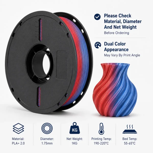 ChatGPT Image 2026年5月11日 18_47_20 (8) Red Blue Dual Color PLA+ 2.0 Filament | 1.75mm Diameter,1KG Net Weight Print 2 in 1 Spool,No More Spool Swaps Perfect for FDM 3D Printers
