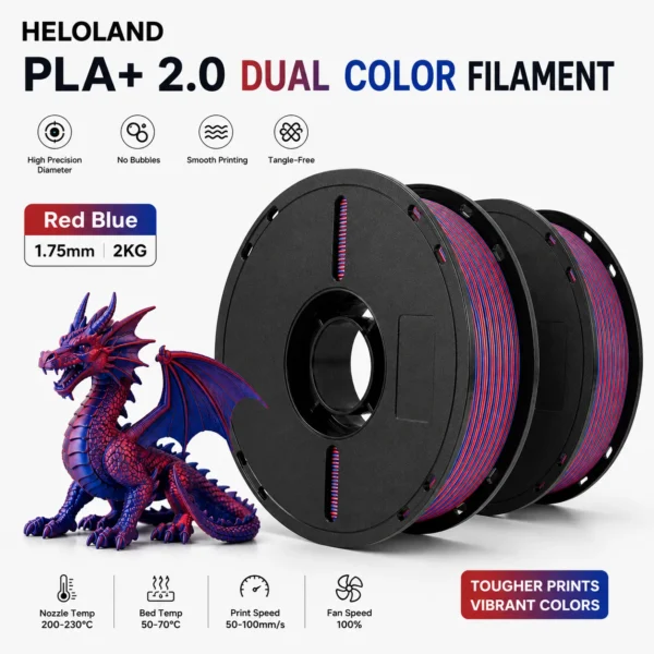 edcae194-ad4b-4095-a428-7fafd9eef9cb Red Blue Dual Color PLA+ 2.0 Filament | 1.75mm Diameter,1KG Net Weight Print 2 in 1 Spool,No More Spool Swaps Perfect for FDM 3D Printers