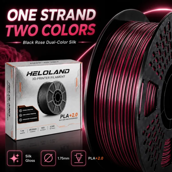 HELOLAND Black Rose Dual-Color Silk PLA 3D Printer Filament, 1.75mm Diameter, 1KG Polylactic Acid, 50/50 Side-by-Side Single-Strand Color Effect, Glossy Metallic Finish, Compatible with FDM Printers, Glossy Finish