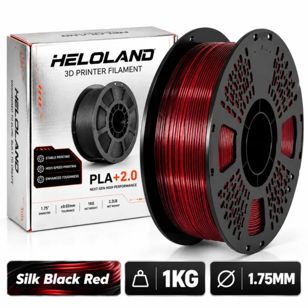 HELOLAND Silk Black Red PLA Filament 1.75mm 1KG, Dual Color Shiny Silk Finish 3D Printer Filament, Smooth Printing Black Red PLA for Models, Crafts & Decorative Prints
