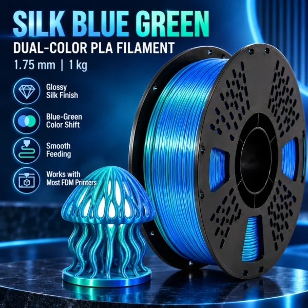 4da668ff-f27c-4da9-9310-f3146616fb76 Blue Green Silk PLA Filament 1.75mm, 1KG Dual Color 3D Printer Filament with Glossy Silk Finish, Two Tone PLA for Dragons, Art Models, Vases, Gifts & DIY Projects