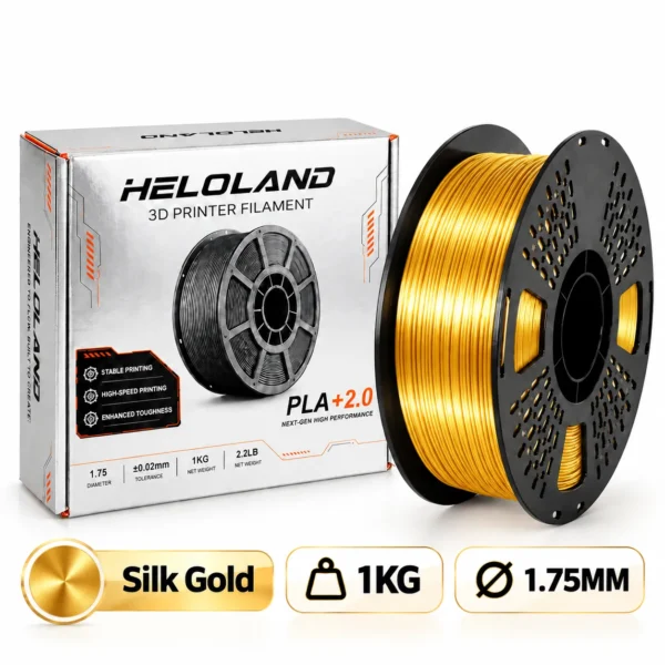 HELOLAND Silk Gold PLA Filament 1.75mm 1KG, Shiny Metallic Silk Finish 3D Printer Filament, Smooth Printing Gold PLA for Models, Crafts & Decorative Prints