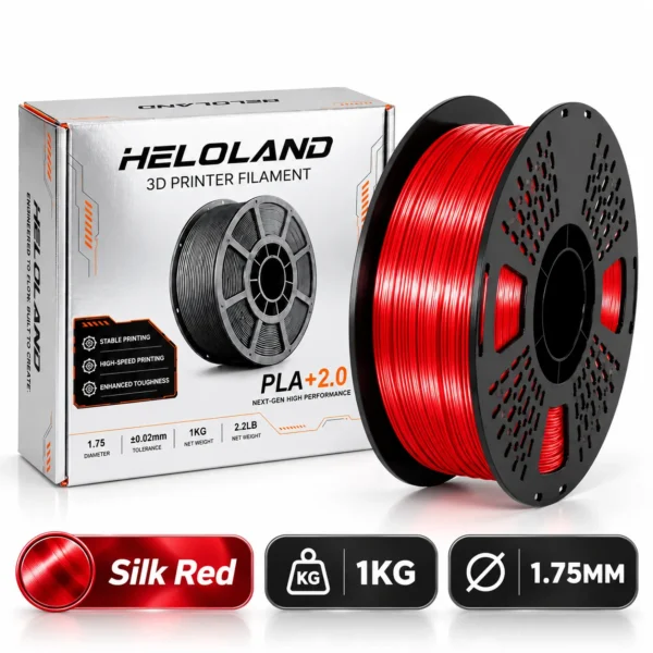 HELOLAND Silk Red PLA Filament 1.75mm 1KG, Shiny Silk Finish 3D Printer Filament, Smooth Printing Red PLA for Models, Crafts & Decorative Prints