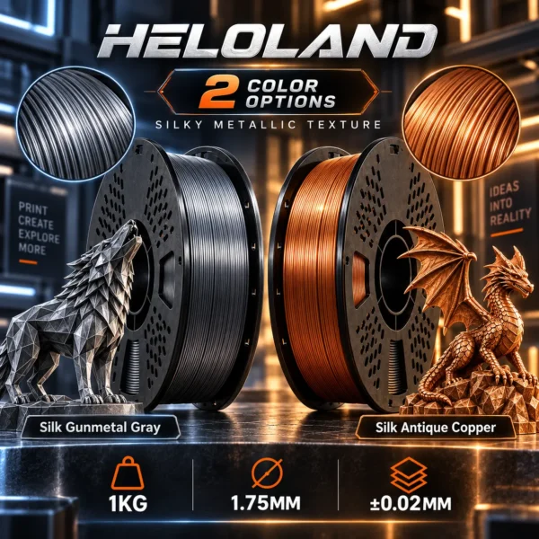 HELOLAND Silk PLA Filament 1.75mm, 1KG/2.2LB Metallic 3D Printer Filament, Silk Antique Copper & Gunmetal, Glossy Finish, Smooth Printing for Models, Figures, Home Decor, Crafts & DIY Projects