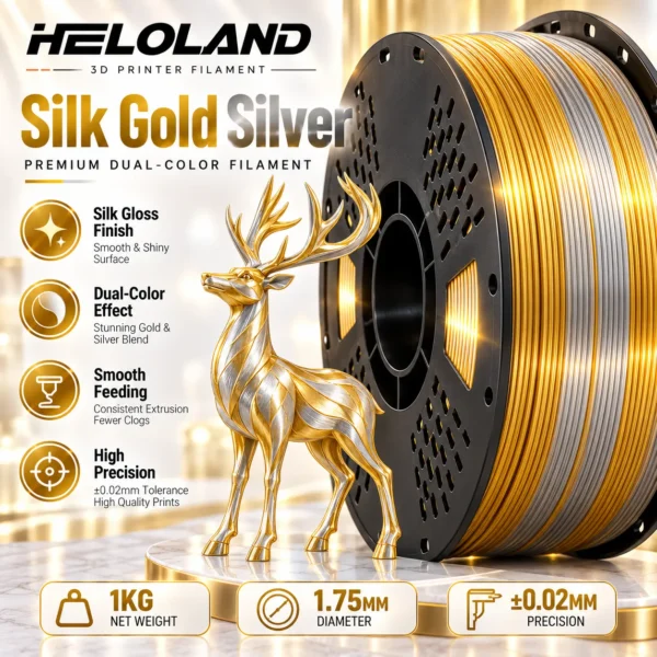 HELOLAND Gold Silver Dual Color PLA Filament 1.75mm 1KG, Silk PLA+ 3D Printing Filament, High Speed Printing, AMS Compatible, Clog Resistant, ±0.02mm Tolerance