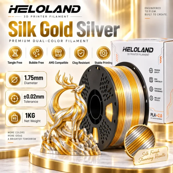 HELOLAND Gold Silver Dual Color PLA Filament 1.75mm 1KG, Silk PLA+ 3D Printing Filament, High Speed Printing, AMS Compatible, Clog Resistant, ±0.02mm Tolerance