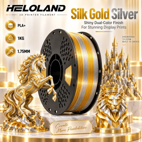 HELOLAND Gold Silver Dual Color PLA Filament 1.75mm 1KG, Silk PLA+ 3D Printing Filament, High Speed Printing, AMS Compatible, Clog Resistant, ±0.02mm Tolerance