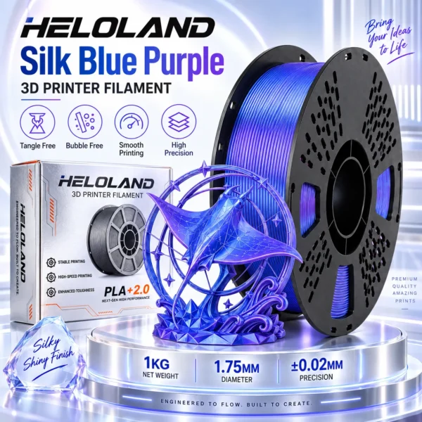 HELOLAND Blue Purple Dual Color PLA Filament 1.75mm 1KG, Silk PLA+ 3D Printing Filament, High Speed Printing, Clog Resistant, Tangle Free, AMS Compatible