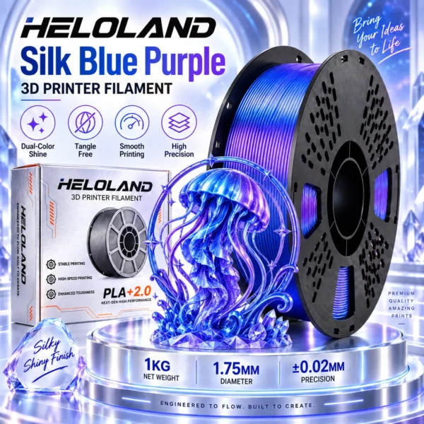 HELOLAND Blue Purple Dual Color PLA Filament 1.75mm 1KG, Silk PLA+ 3D Printing Filament, High Speed Printing, Clog Resistant, Tangle Free, AMS Compatible