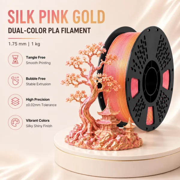 Silk Pink Silver 3D Printer Filament 1kg 1.75mm Diameter Tangle Free Bubble Free High Precision Vibrant Colors Silky Shiny Finish Silk pink gold individually vacuum