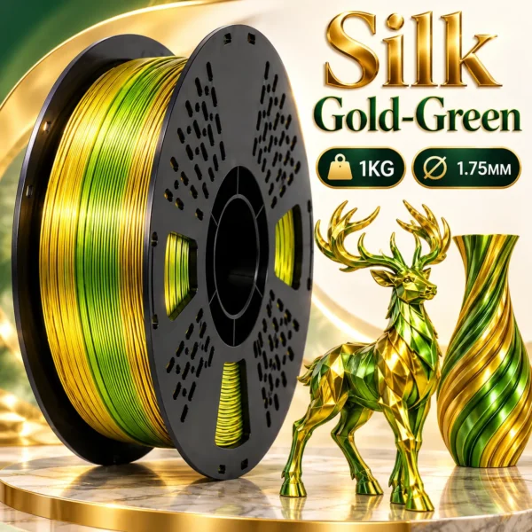 HELOLAND Silk Gold Green PLA Filament 1.75mm 1KG, Dual Color Shiny Silk Finish 3D Printer Filament, Smooth Printing Gold Green PLA for Models, Crafts & Decorative Prints