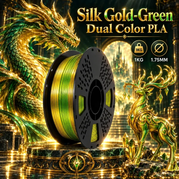 HELOLAND Silk Gold Green PLA Filament 1.75mm 1KG, Dual Color Shiny Silk Finish 3D Printer Filament, Smooth Printing Gold Green PLA for Models, Crafts & Decorative Prints
