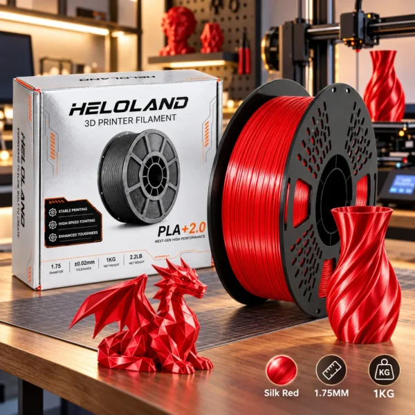 HELOLAND Silk Red PLA Filament 1.75mm 1KG, Shiny Silk Finish 3D Printer Filament, Smooth Printing Red PLA for Models, Crafts & Decorative Prints