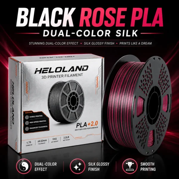 HELOLAND Black Rose Dual-Color Silk PLA 3D Printer Filament, 1.75mm Diameter, 1KG Polylactic Acid, 50/50 Side-by-Side Single-Strand Color Effect, Glossy Metallic Finish, Compatible with FDM Printers, Glossy Finish