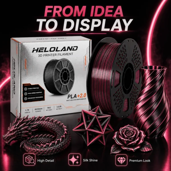 HELOLAND Black Rose Dual-Color Silk PLA 3D Printer Filament, 1.75mm Diameter, 1KG Polylactic Acid, 50/50 Side-by-Side Single-Strand Color Effect, Glossy Metallic Finish, Compatible with FDM Printers, Glossy Finish